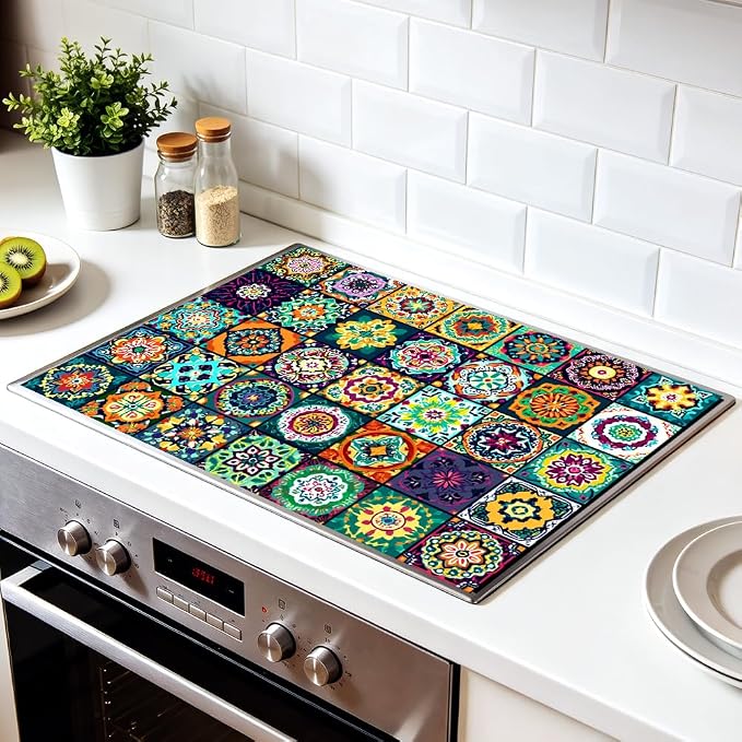Bohemian Stove Top Cover 28x20 Inch Colorful Pattern Glass Cooktop Cover | Heat Resistant Cooktop Protector Mat with Non-Slip Backing, Scratch Protection and Countertop Drying Mat.