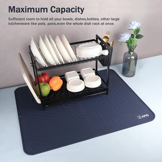Extra Large 30x24 Inch Silicone Dish Drying Mat for Rack & Kitchen Counter | Easy Clean Silicone Drying Mat for Kitchen Counter, Non-Slip Dish Drain Mat, Heat Resistant Silicon Dish Mat, Navy Blue SAPID