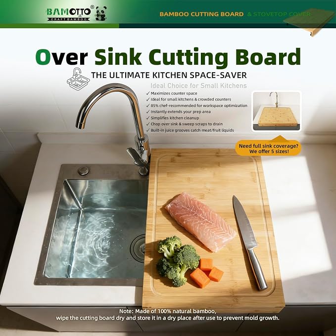 BAMOTTO CRAFTBAMBOO 16 x 22 Inch Bamboo Cutting Board Stovetop Cover | Detachable Support Legs | Detachable Front Lip | Over-the-Sink Board | RV Camper and Home Kitchen