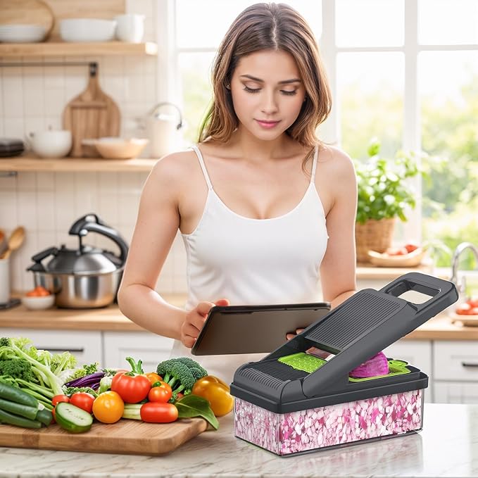12-in-1 Vegetable Chopper 7 Blades, Veggie Cutter with Handle, Green/Grey | Stainless Steel Blades, Food Container and Lid, Dicer, Slicer, Julienne, Egg Separator, Non-slip Base, Include Cleaning Tools