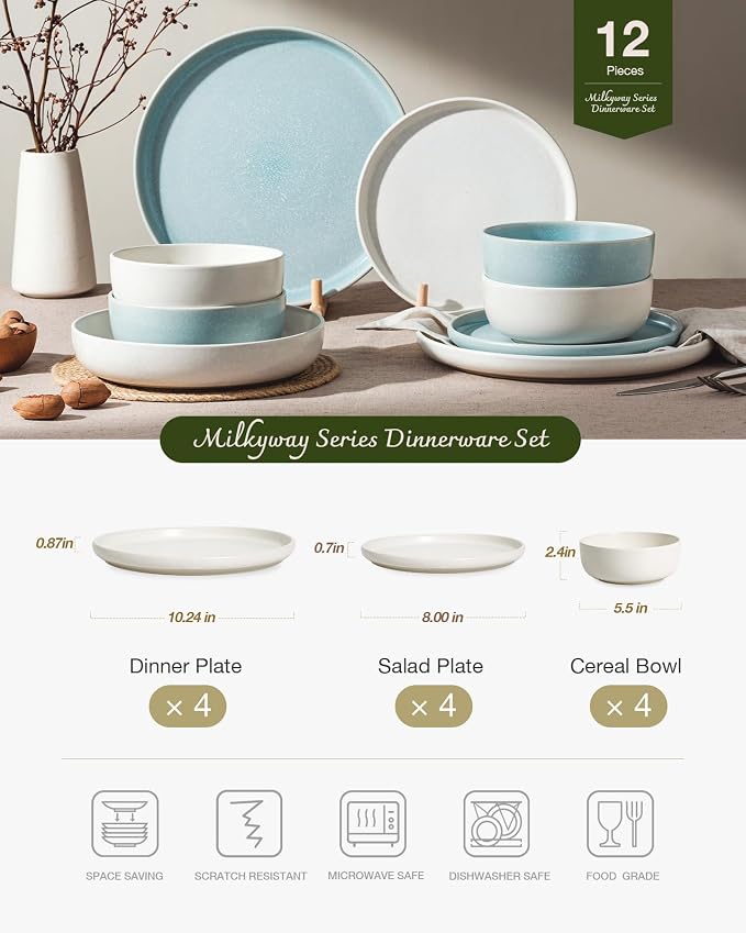 Famiware Milkyway 12-Piece Dinnerware Set, Matte Beige White & Light Blue | Stoneware Plates and Bowls for 4, Reactive Glaze Dish Set, Microwave & Dishwasher Safe, Chip & Scratch Resistant