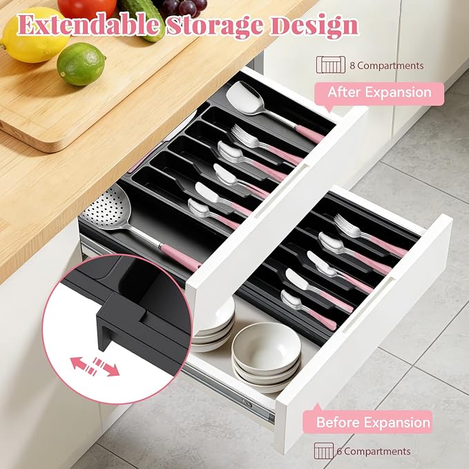 30 Pieces Silverware Set with Organizer, Stainless Steel Cutlery Set Flatware Set for 6 Person, Tableware Set Includes Dinner Knives Forks Spoons Teaspoons Butter Knives (PinK Silver-30PCS)