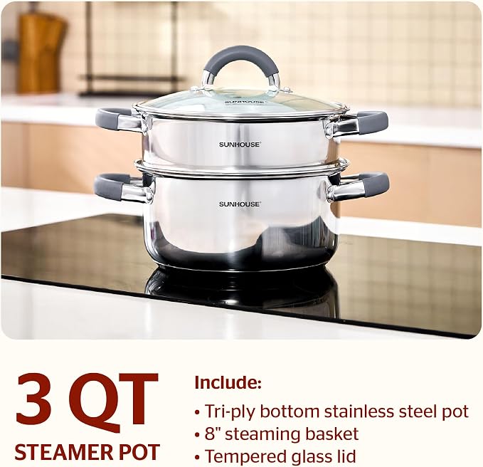 SUNHOUSE 3-Quart Stainless Steel Steamer Pot for Cooking | Steaming Pot with Glass Lid & Steamer Basket - 2 Tier Tri-ply Stovetop Steamer For Vegetable, Veggie - Induction Compatible