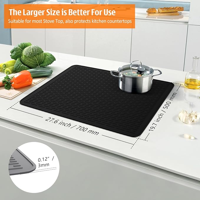 Silicone Stove Top Covers for Electric Stove, 28" x 20" Stovetop Cover, Dish Drying Mat XL for Kitchen, Stove Mat Protector, Heat Resistant Cooktop Cover, Flat Range Stovetop Protector Black (Black)