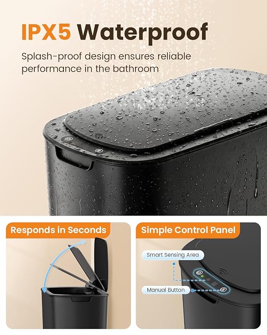 Cesun 5 Gallon Automatic Bathroom Trash Can with Lid, Black, Touchless | Motion Sensor, Slim, Small Smart Garbage Bin, Plastic, Battery Operated, Manual Button, for Office/RV/Bedroom/Living Room