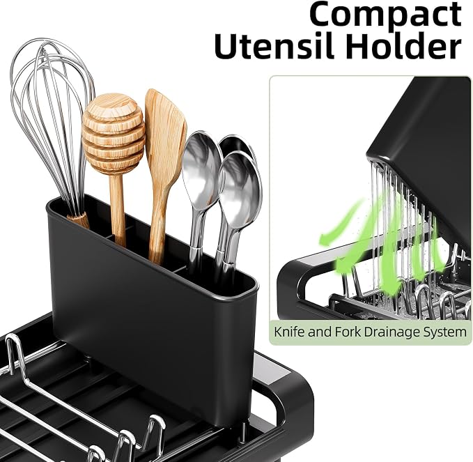 TOOLF Small Dish Drying Rack, Expandable and Space-Saving, Matte Black | Mini Dish racks for kitchen counter, Compact Design Fits Sink or Counter, Stainless Steel Plate Rack, 11"-19.3"L×7.7"W×3.54"H