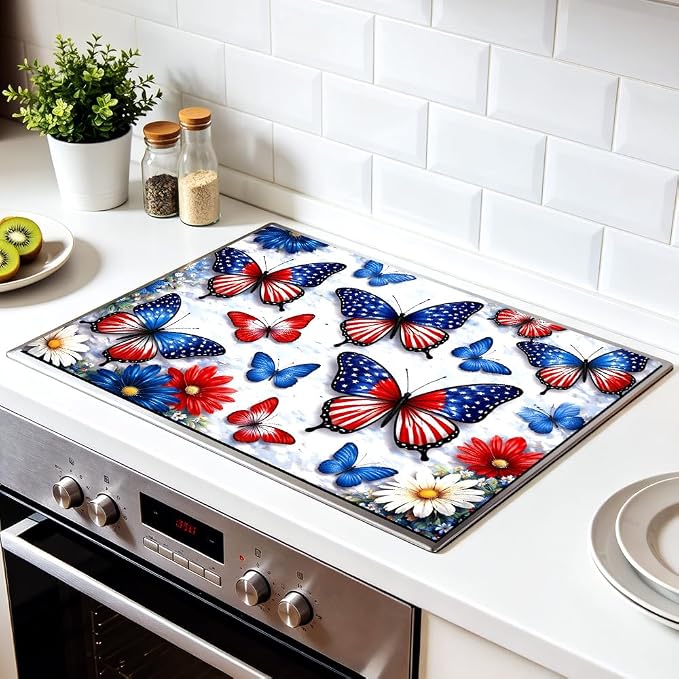 American Flag Butterfly Patriotic Stove Top Cover 28.35x20.47in | American flag butterfly patriotic stove top cover 28.35x20.47 in; red white blue cooktop mat dishwasher safe machine washable