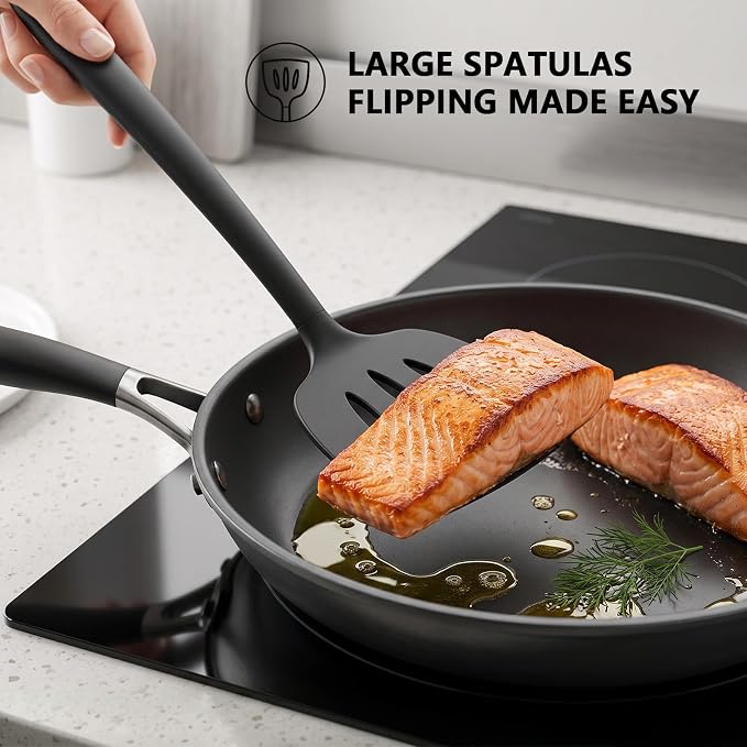 Coukre 3 Pack Silicone Spatula Set, Heat Resistant to 500°F, BPA-Free | Fish Spatula, Solid & Slotted Turners, Dishwasher Safe, Spatula Set for Eggs, Pancakes, Fish & Burgers, PureBlack