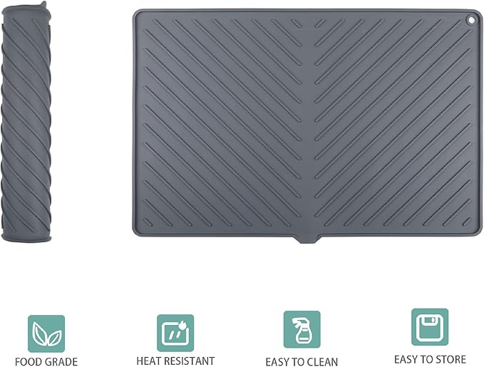 Dish Drying Mat, Silicone Dish Drying Mat for Kitchen Counter, Extra Thick & Large Dish Drainboard Mat with Built-in Drain, Non-silp, Heat Resistant, Dishwasher Safe (Black, 24" x 15")
