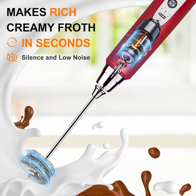 YUSWKO Handheld Milk Frother Wand for Coffee, Rechargeable Electric Whisk with 3 Heads 3 Speeds Drink Mixer Coffee Frother For Latte, Cappuccino, Hot Chocolate, Egg, Red with Holder