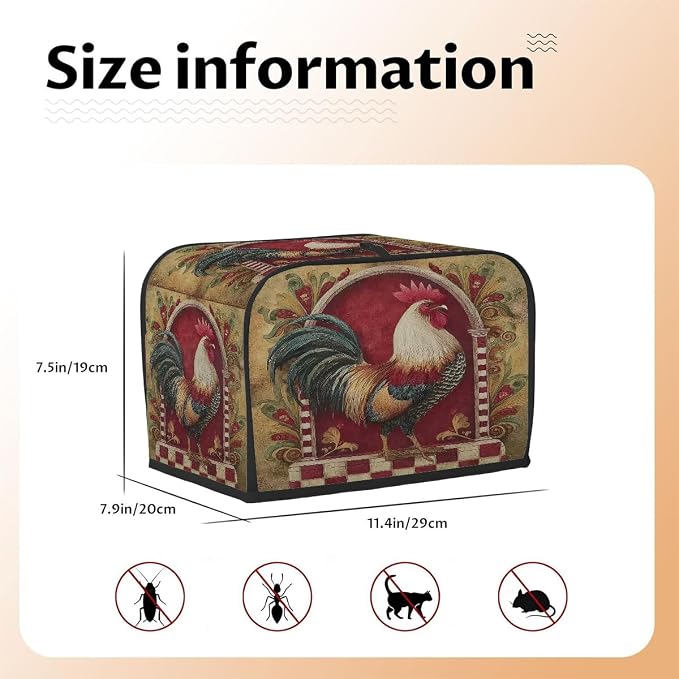 2 Slice Toaster Cover Rooster Vintage Toaster Covers Two Slice Wide Slot Waterproof and Dustproof Covers for Wide Slot Toasters and Small Appliances Kitchen Decor Gifts