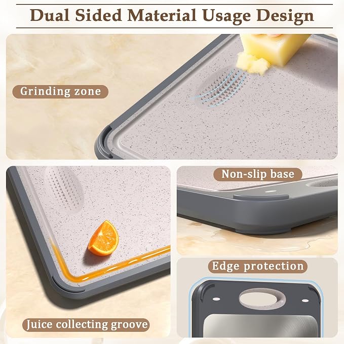 Stainless Steel Cutting Board for Kitchen, Non Toxic 2-in-1 Double Sided Design, 304 Food Grade Stainless Steel & Wheat Straw PP, Durable Chopping Board for Meat & Vegetables, 14×9.6 Inch