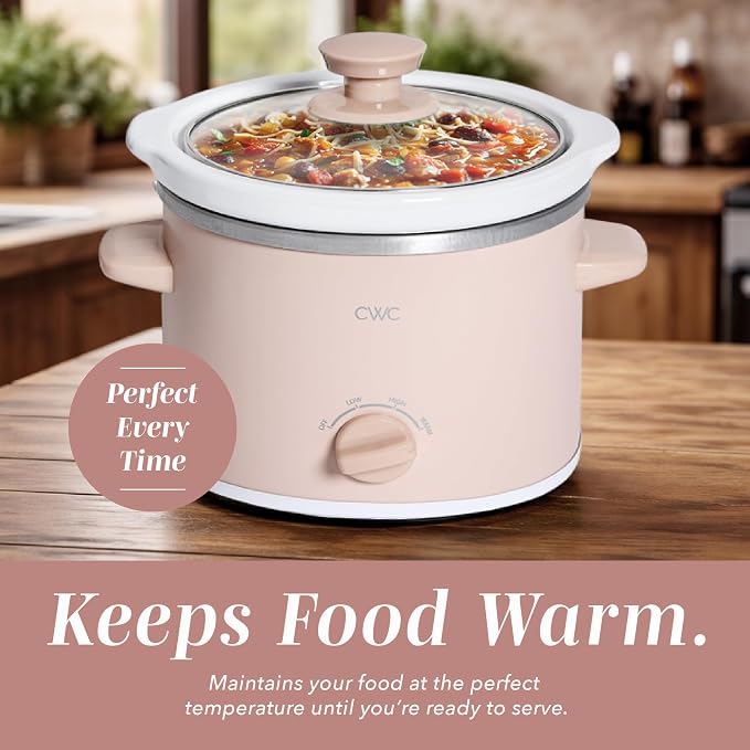 COOK WITH COLOR 2QT Mini Electric Round Slow Cooker - Adjustable Settings, Removable Stoneware Pot, Tempered Glass Lid, Dishwasher Safe, Cool-Touch Side Handles, Dusty Rose