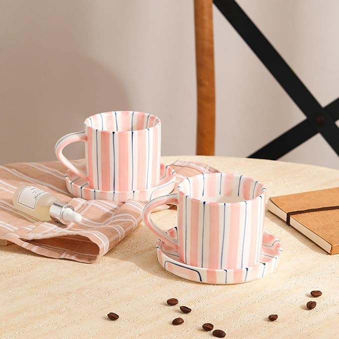 Hand-Painted Ceramic Coffee Mug and Saucer Set, 8 oz Artisan Striped Porcelain Espresso Cup, Decorative Tea Cup with Large Handle for Home, Office,Pink