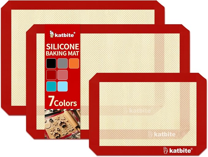 Katbite Silicone Baking Mat Set of 3 Red | 2 Half Sheets Mats + 1 Quarter Baking Sheet, Reusable & Nonstick Bakeware Mats for Cookies, Macarons, Bread