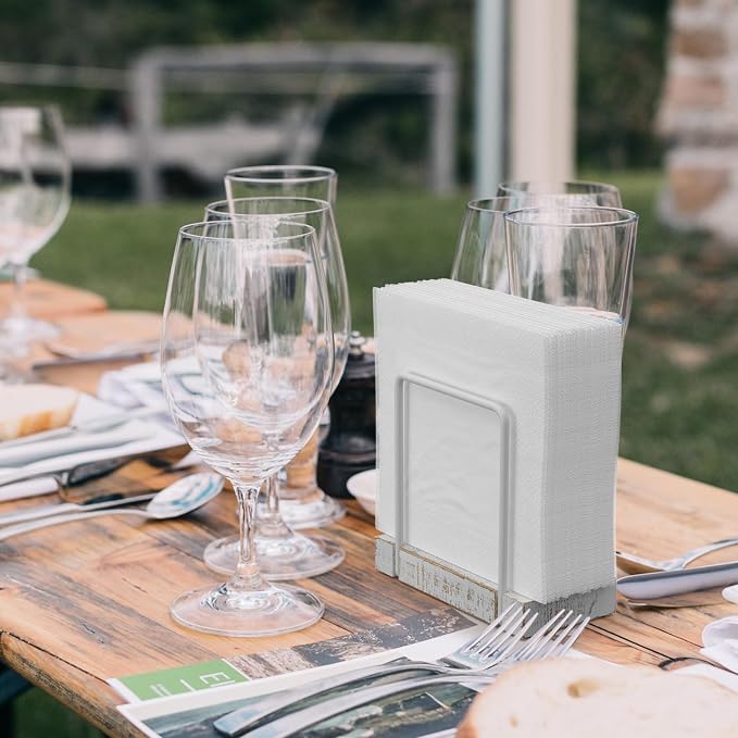 Wican Napkin Holder for Table, Wood Iron Standing Napkin Dispenser | Dining Table Farmhouse Cocktail Picnic Rustic Wood Holders, Suitable All Kitchen Dining Room Decor, White & Farmhouse White