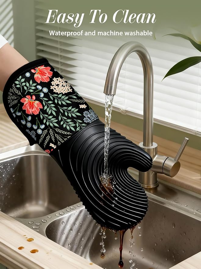 Slohif Long Silicone Oven Mitts Heat Resistant for Women - 2 Pcs Black-Pink Flower 100% Cotton Oven Gloves, Non-Slip and Waterproof Silicone Oven Mitts with Hanger for Baking and Cooking