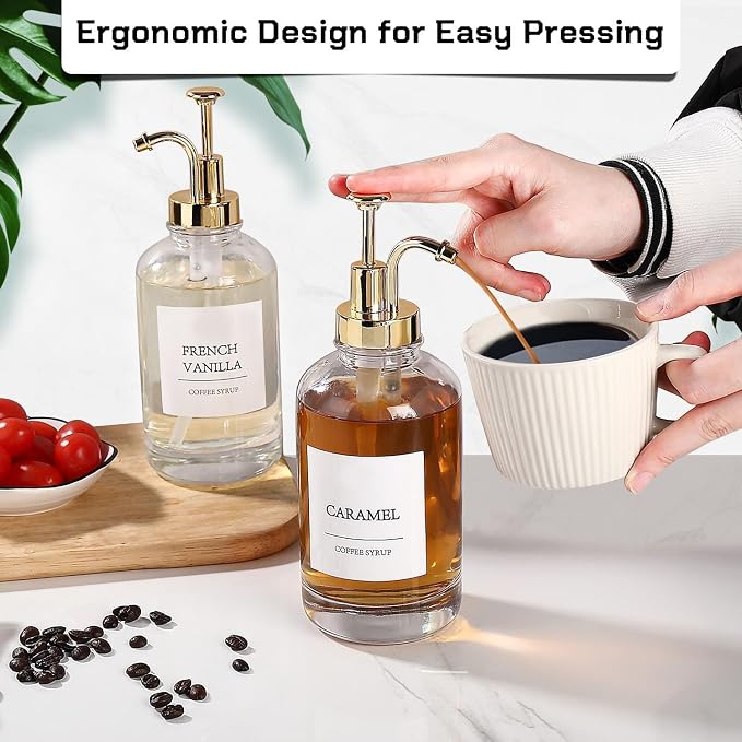 Coffee Bar Accessories,Coffee Syrup Dispenser with Labels for Coffee Bar,Pack of 4,Total 67.6 oz (Gold Pump)
