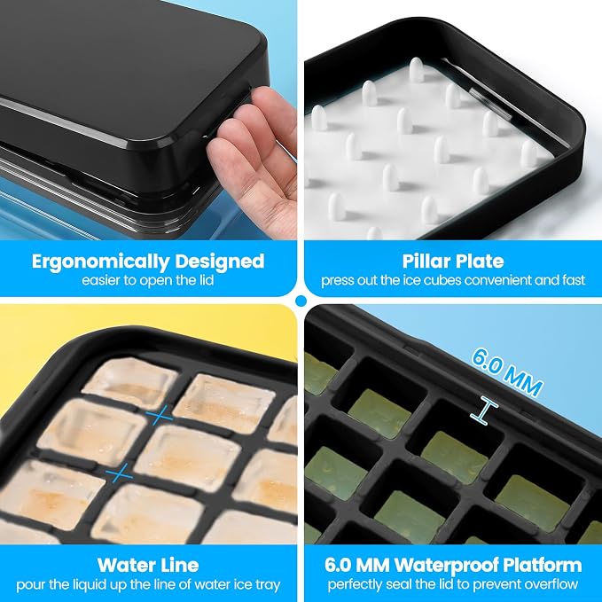 Ice Cube Tray with Lid and Bin, Easy Release 56 Cubes for Freezer | Food-grade BPA-free PP and ABS. Ice cubes for fruit, cocktails, iced coffee. Space-saving stackable with scoop