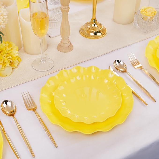 LIYH 24Pcs Yellow Plastic Plates Reusable, Dinner And Salad Set For Parties | Heavy Duty Scalloped Unbreakable Tableware, Reusable Or Disposable Style For Spring Picnics, Birthdays, Holiday Dinners