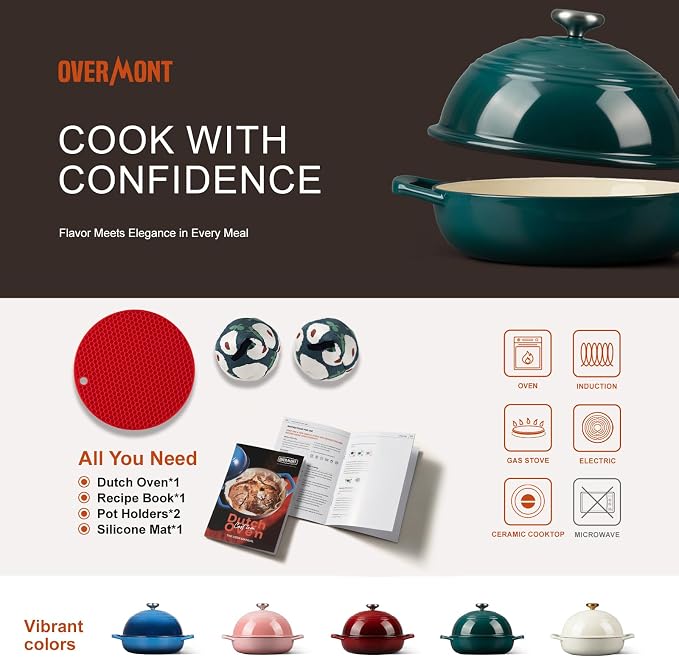 Overmont Enameled Cast Iron Dutch Oven, 6QT Bread Oven with Dome Lid Recipe | Tall Bread Pot with Potholders, for Sourdough Bread Baking Artisan Loaves, Crispy Crust & Better Oven Spring, 500°F Oven Safe