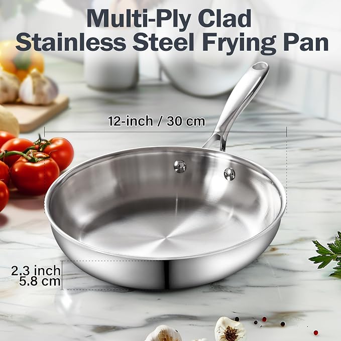 Cooks Standard Multi-Ply Clad 12-Inch Stainless Steel Frying Pan, Everyday Wok Stir Fry Pan Kitchen Skillet, Stay-Cool Handle, Induction Compatible Cookware, Dishwasher Oven Safe