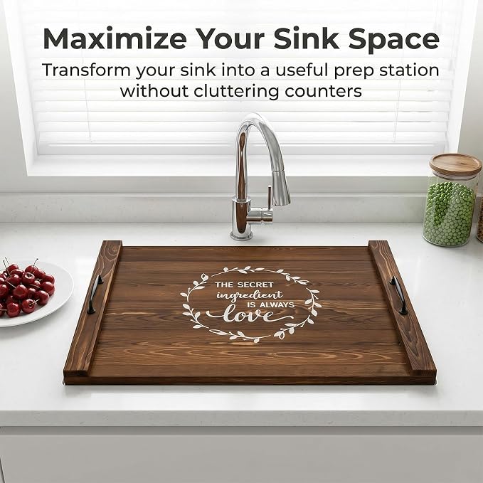 Noodle Board Stovetop Cover with Handles, Sink Wood Block Covers for Electric & Gas Stove, RV Stove Burner, Farmhouse Decorative Wooden Tray for Kitchen-The Secret Ingredient is Always Love