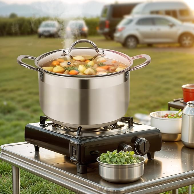 Kirecoo 8 Quart Stainless Steel Induction Stock Pot with Visible Lid | Heavy Duty, Even Heat, Thick Nonstick Base, Deep Cookware for Soup Pasta & Spaghetti, Ideal for Canning, Boiling & Simmering