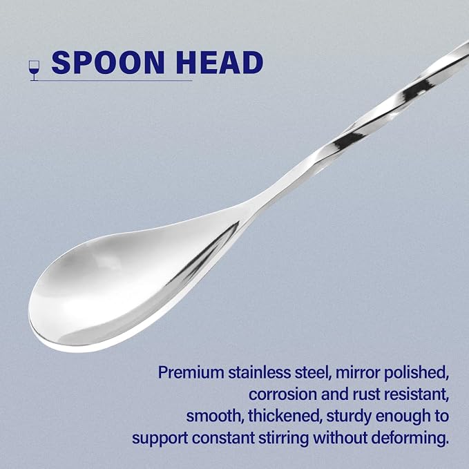 Bar Spoon Cocktail Mixing Stirrers, 2Pcs,12” with Round Base, Silver | 18/8 Stainless Steel, Long Handle, Flat Base for Tabletop Standing, Stirrer & Muddler for Coffee & Drinks