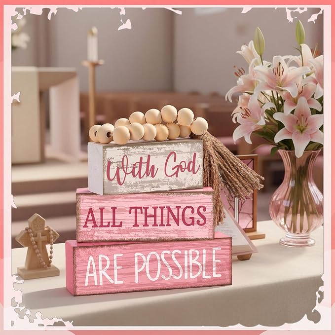 Lineshading 4 Pcs Christian Table Decor Pink God All Things are Possible | Prayer Room Shelf Decor, Christian Home Accents, Tiered Tray Books Style, Rustic Faith Quote, Tabletop Gift for Believers