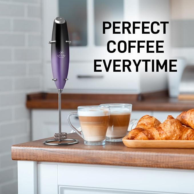 Zulay Kitchen Powerful Milk Frother Wand With Duracell Batteries - Ultra Fast Handheld Drink Mixer - Electric Whisk Foam Maker for Coffee, Lattes, Cappuccino & Matcha - Double Whisk - Black Purple