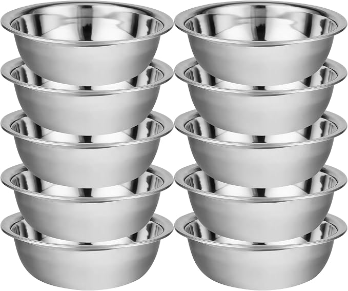 10 Pack 10.24 x 2.76 Inch Stainless Steel Mixing Bowls for Bulk Food Prep with Nesting Design for Hotel Restaurant and Home Kitchen Cooking in Silver