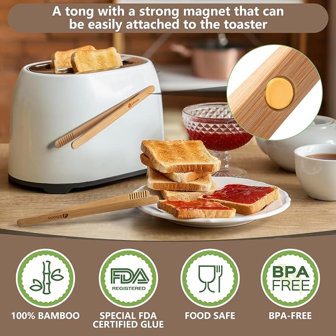 Magnetic Classic Bamboo Toast Tongs - Wood Cooking Tong,Ideal for Toaster,Fruits, Bread & Pickles, Kitchen Utensil for Cheese Bacon Muffin,Small Mini Tongs For Cooking - 8" Long | Set of 2