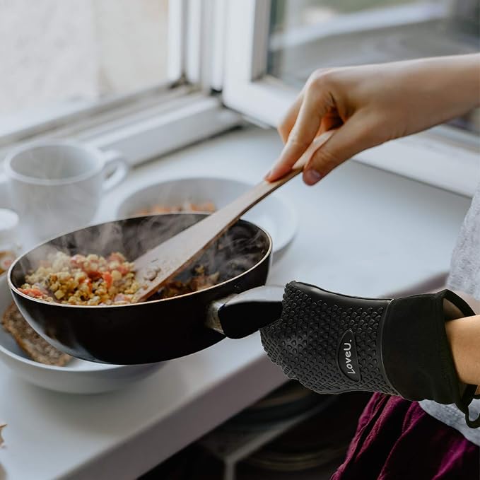 Silicone Oven Mitts Gloves - Heat Resistant, Non-Slip for BBQ, Grilling | 450°F Double-Layer｜Waterproof Kitchen Cooking Barbecue Mittens ｜5 Finger Hot Mitt for Baking, Smoker& Cast Iron(Small)