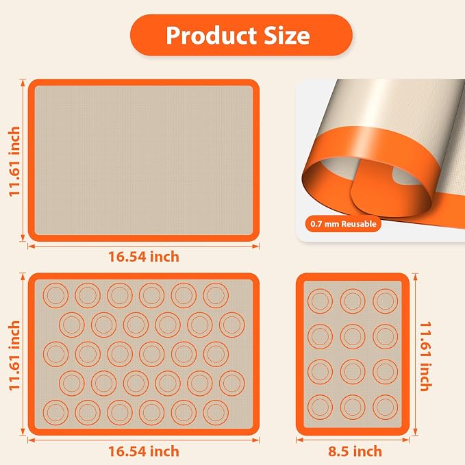 Macaron Silicone Baking Mats, Nonstick & Reusable, 3 PCS | 2 Half Sheets and 1 Quarter Sheet Mat, Easy to Clean, Silicone Macaroon Mat for Cookie, Orange