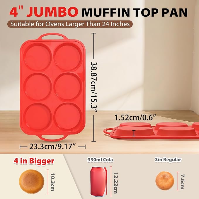 4 Inch Muffin Top Pan Non Stick with Metal Frame, Silicone Egg Molds | for Breakfast Sandwiches, Large Round Whoopie Pie Baking Pan with Handle for English Muffin, Egg Bite and Oven, Red Toeusog