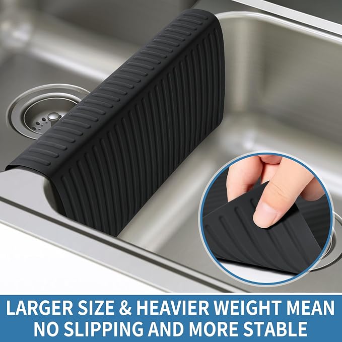 Bligli Silicone Sink Saddle, Large and Durable Sink Divider Mat with No Suction Cups, Kitchen Divided Sink Protector Mat for Glassware Dishes, Easy to Clean and No Smell, 11.8" x 12.4" (Black)