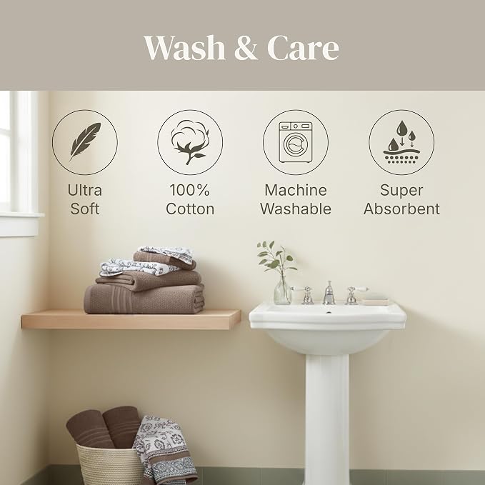 Modern Threads 6 Piece Bath Towel Set – Bathroom Set with 2 Bath Towels, 2 Hand Towels, and 2 Wash Cloths – 100% Cotton, Super Absorbent & Extra Soft – Reversible Floral Trail (Taupe Brown)