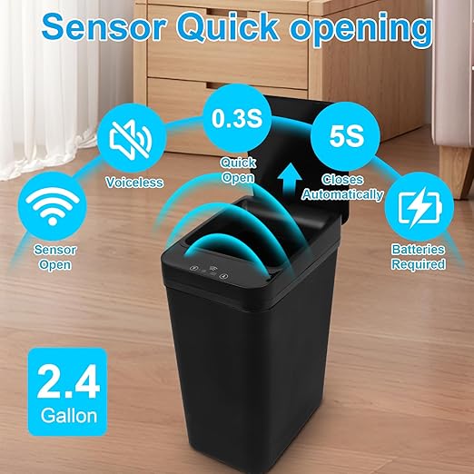 2 Pack Bathroom Trash can,Smart Touchless Trash Can,Automatic Motion Sensor Trash Bin with Lid,2.4 Gallon Garbage Can, Kitchen, Bathroom, Office, Bedroom Trash can (Black+White)