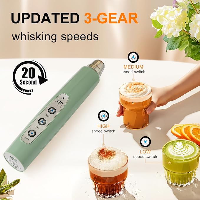 YUSWKO Handheld Milk Frother Wand for Coffee, Rechargeable Electric Whisk with 3 Heads 3 Speeds Drink Mixer Coffee Frother For Latte, Cappuccino, Hot Chocolate, Egg, Granite