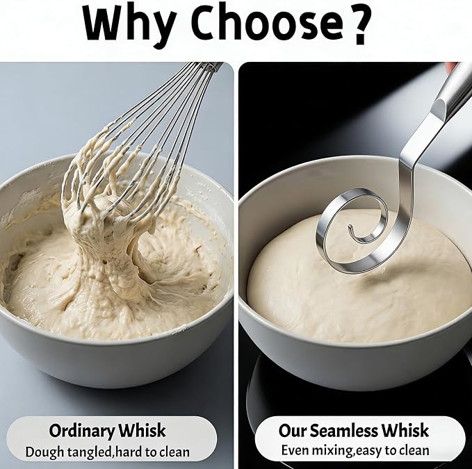 TEEVEA Danish Dough Whisk, Seamless Stainless Steel for Sourdough Bread | Seamless Dutch Dough Hook, Replaces Mixing Spoon, For Sourdough Baking, Rust & Bend Proof, Dishwasher Safe, Easy to Clean