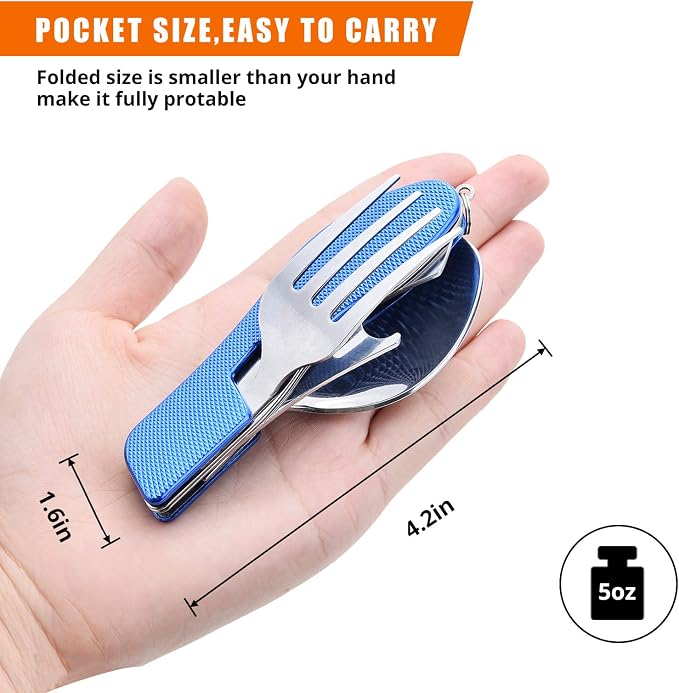 HIKENTURE Camping Utensils 2 Pack,4-in-1 Stainless Steel Spoon, Fork, Knife, and Bottle Opener Combo - Lightweight and Portable Travel Eating Silverware for Hiking, Backpacking, Boy Scout(Blue 2pack)