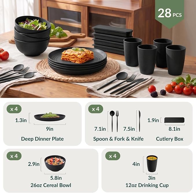 28 PCS Unbreakable Plates and Bowls Set Wheat Straw Dinnerware Sets Microwave & Dishwasher Safe Lightweight Camping Dishes Set for 4 - Dinner Plates, Plastic Bowls, Kitchen Cups (Black)