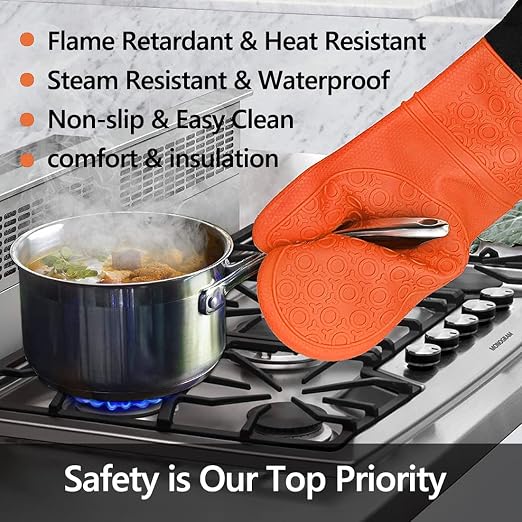 6pcs Silicone Oven Mitts and Pot Holders Sets for Kitchen, Orange | 500°F heat resistant, cotton lining, honeycomb non-slip texture, 15-inch forearm protection, baking cooking gloves