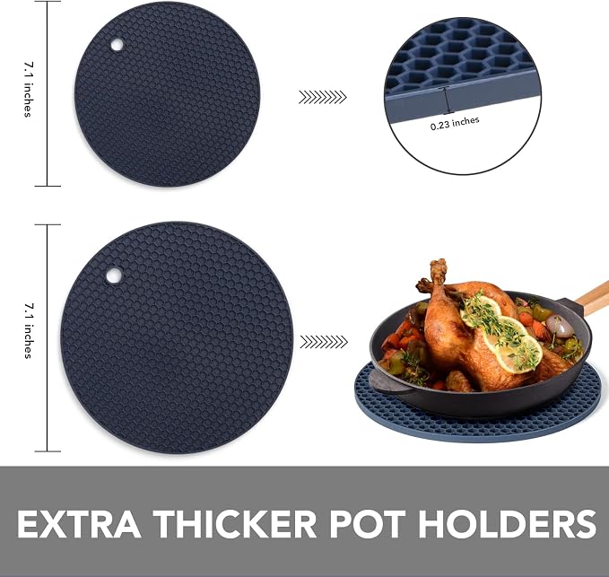 4 Pack Silicone Trivet for Hot Dishes | Heat Resistant Silicone Pot Holders for Kitchen Countertops, Hot Dishes, Jar Opener, Spoon Holder, Easy to Wash, Navy
