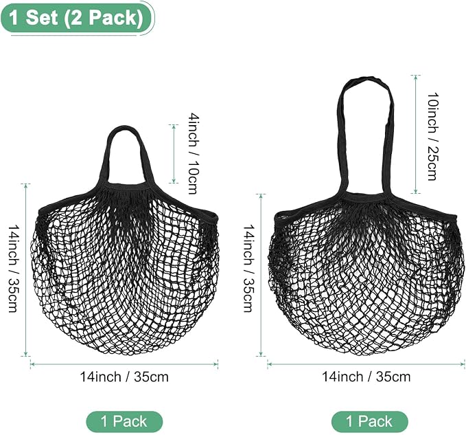 M METERXITY 2-Pack Cotton Mesh Bag, Reusable Washable Mesh Net String Grocery Bags, Reusable Produce Bags with Handle, Net Tote Bag for Fruits/Vegetables Shopping [Black, Long&Short Handle]