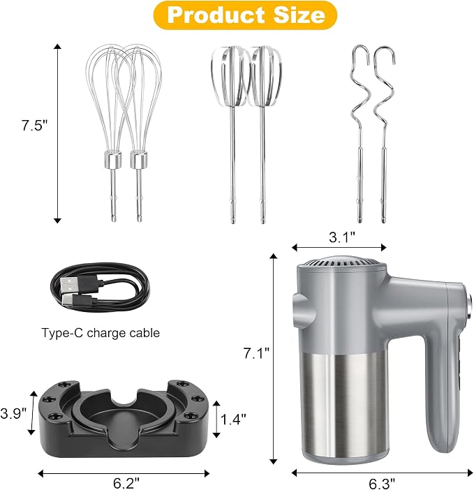binROC Cordless Electric Hand Mixer, 7-Speed with Storage Base, Silver | Rechargeable, Eject Button, Long Battery, Quiet Anti-Splash, 6×304 Stainless Attachments, Self-Stand for Cake, Dough Baking