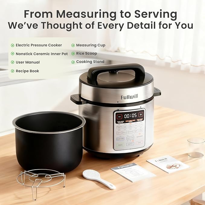 Fullwill 8QT Electric Pressure Cooker Max, 1200W Fast Cooking, 12-in-1 Multi-Use Programmable with Ceramic Non Stick Pot for Sauté, Slow Cook, Steam, Yogurt, Ideal for Family Meals & Gatherings