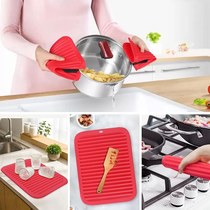2 Pack Silicone Trivets - Heat Resistant Non-Slip Flexible Pot Holders for Hot Dishes & Pans - Red Silicone Trivet Mat Dish Drying Mat Spoon Rest, 9x12 in