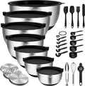 Wildone Mixing Bowls with Airtight Lids, Stainless Steel Nesting Bowls Set | Metal Bowls with 3 Grater Attachments, Non-Slip Bottom, Size 5, 4, 3, 2, 1.5, 1, 0.63QT, Include Utensil Set for Prep, Black